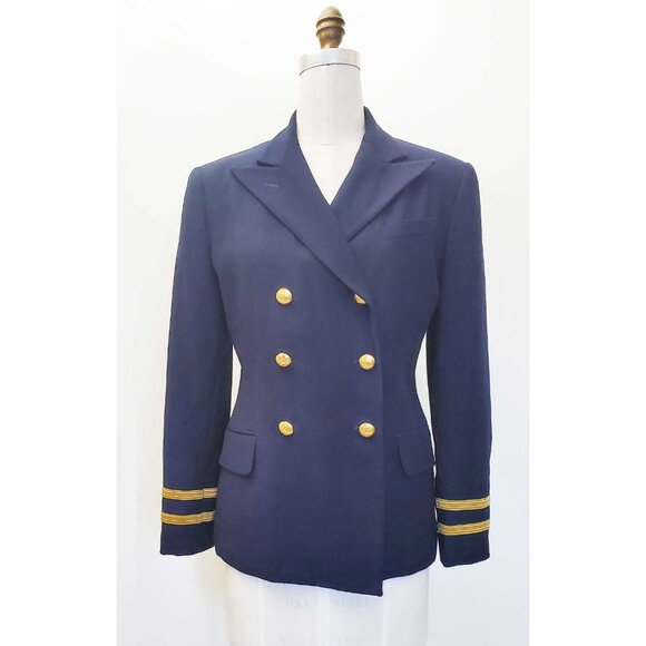 Ralph Lauren Womens Navy Blue Double Breasted Wool Blazer Military Gold Buttons - Picture 10 of 10